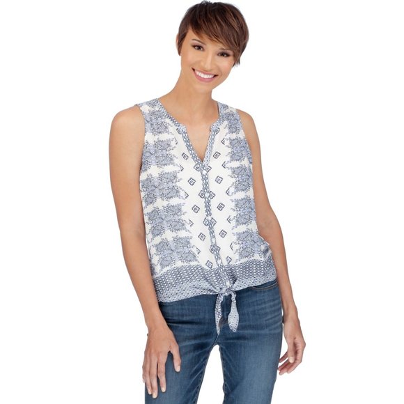 Lucky Brand Tops - Lucky Brand Geo Tie Top Blouse Tank Size M - Navy Blue and White